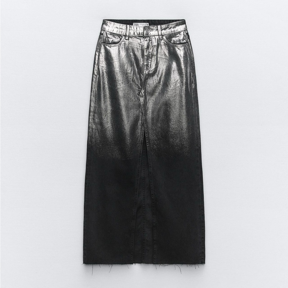 Zara Long Foil Denim Skirt